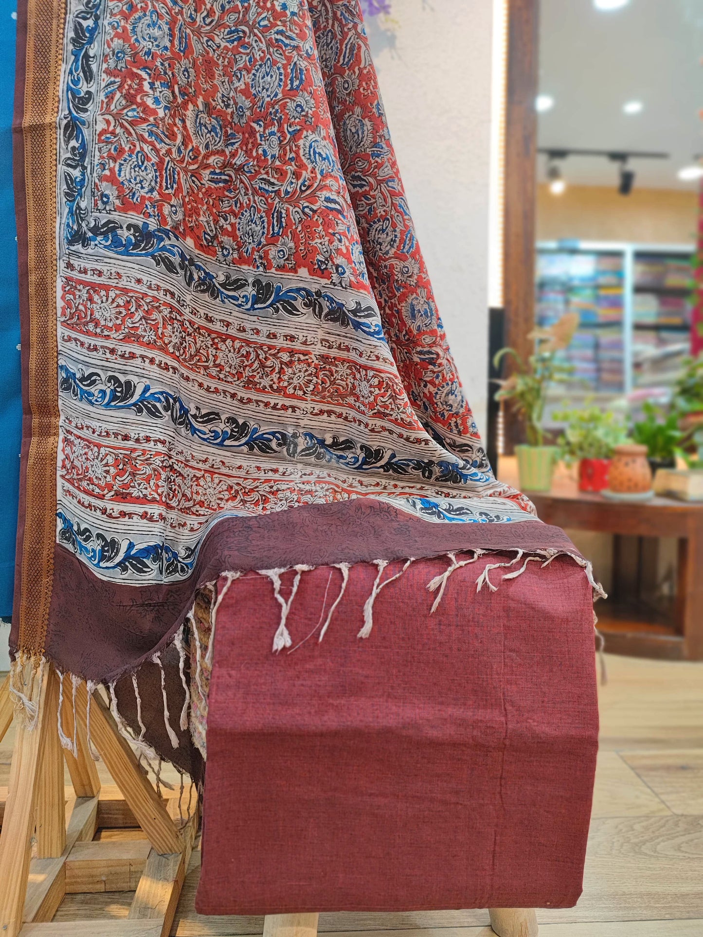 Blue Handloom Cotton Suit with Multicolor Kalamkari Dupatta & Maroon Bottom