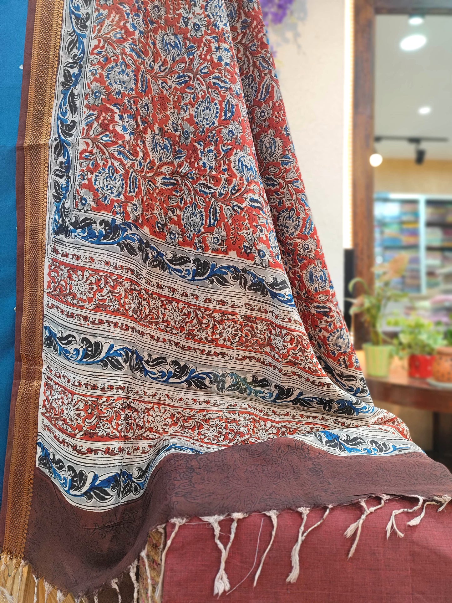 Blue Handloom Cotton Suit with Multicolor Kalamkari Dupatta & Maroon Bottom