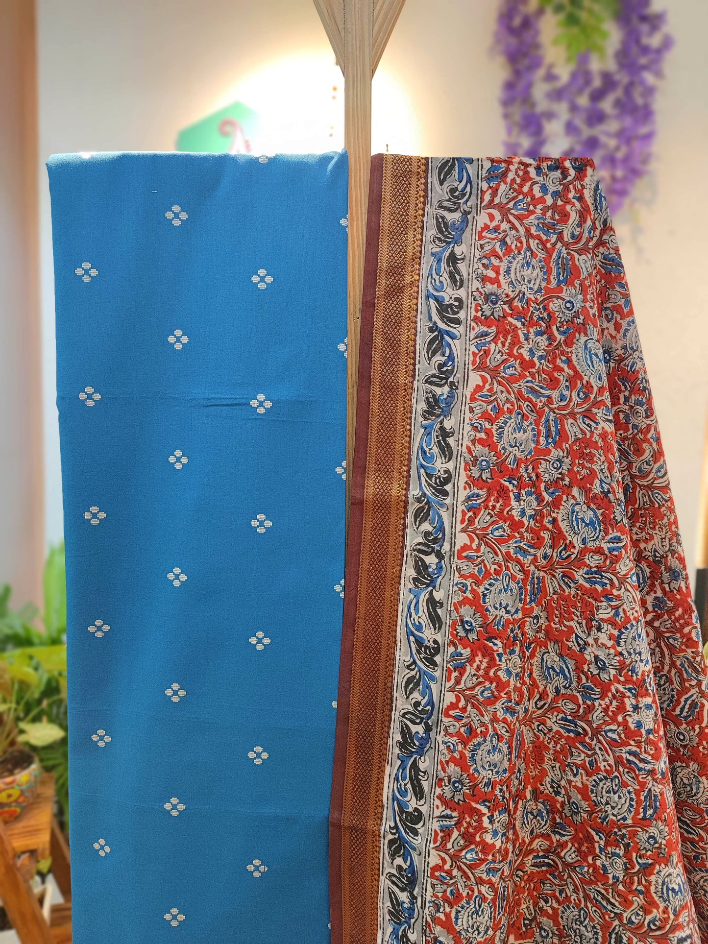 Blue Handloom Cotton Suit with Multicolor Kalamkari Dupatta & Maroon Bottom