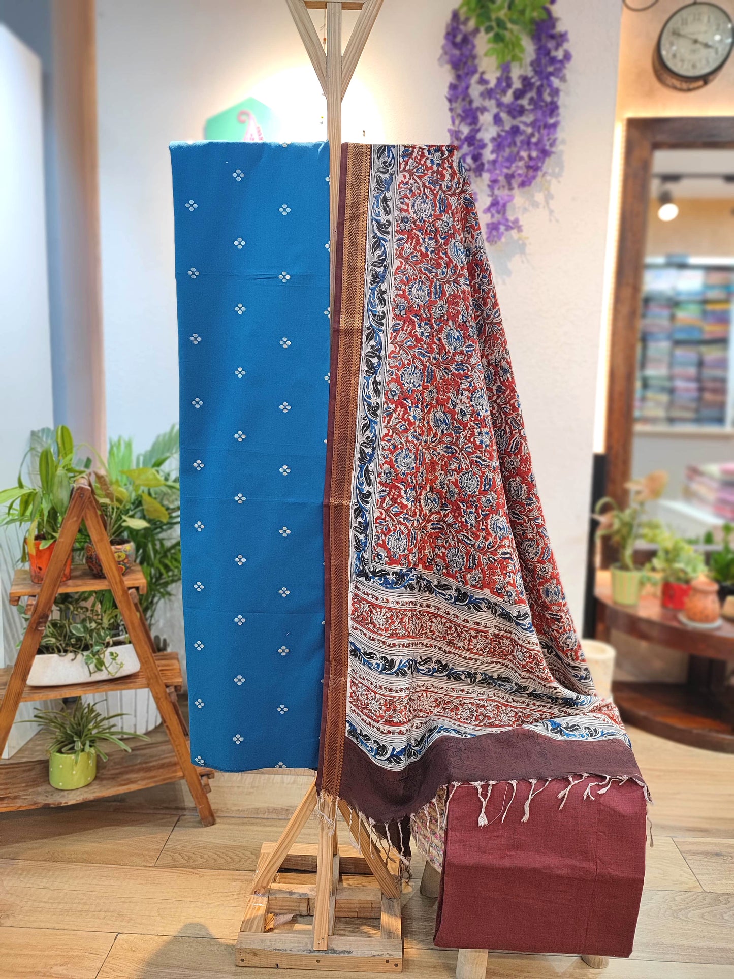 Blue Handloom Cotton Suit with Multicolor Kalamkari Dupatta & Maroon Bottom