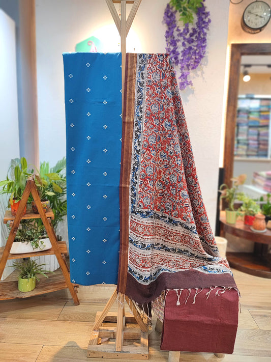 Blue Handloom Cotton Suit with Multicolor Kalamkari Dupatta & Maroon Bottom