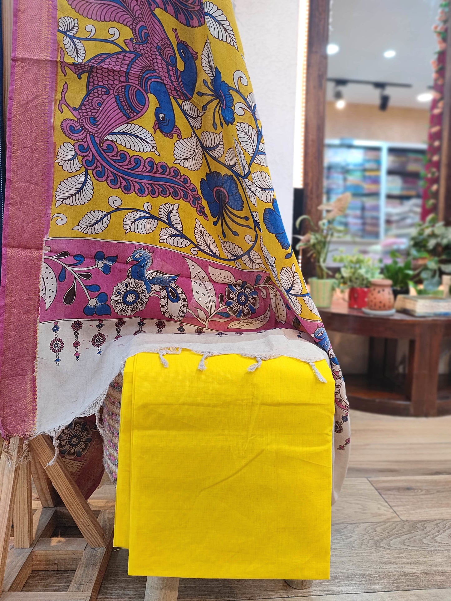 Indigo Blue Handloom Cotton Suit with Mustard Kalamkari Dupatta & Yellow Pant