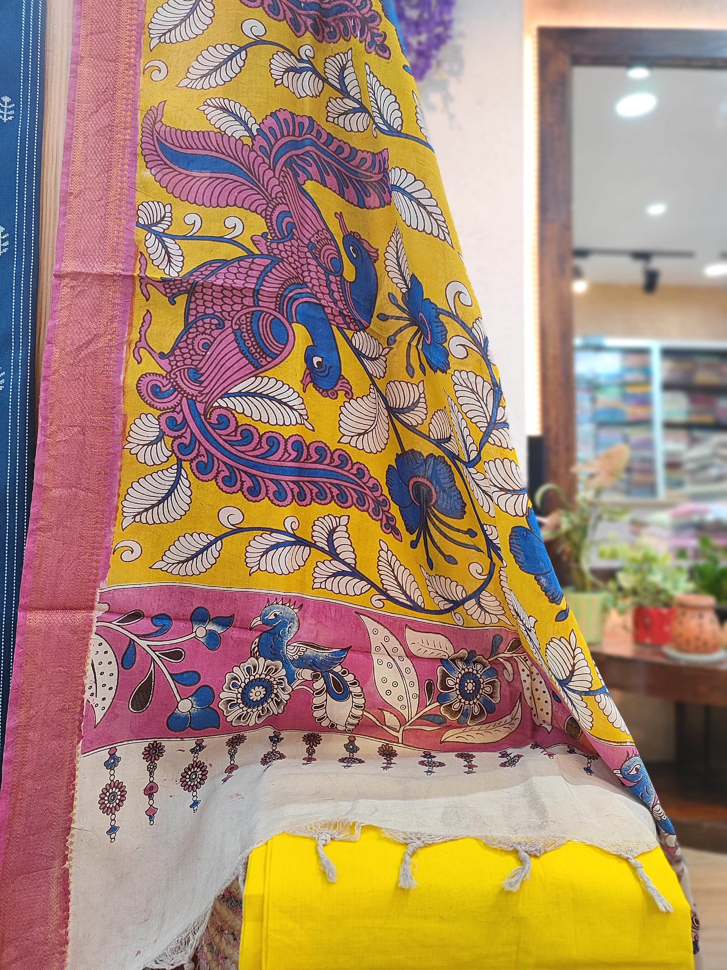 Indigo Blue Handloom Cotton Suit with Mustard Kalamkari Dupatta & Yellow Pant
