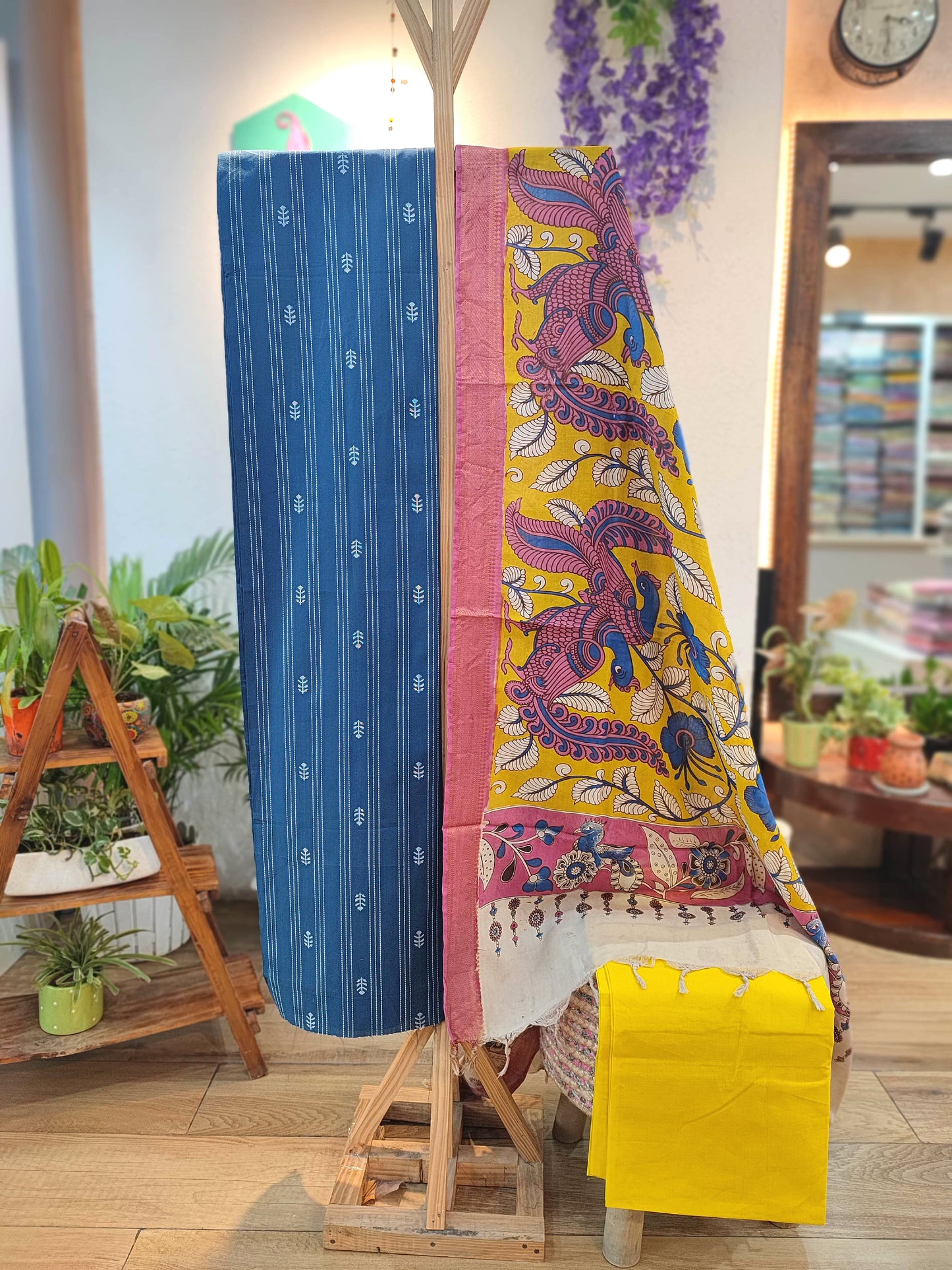 Indigo Blue Handloom Cotton Suit with Mustard Kalamkari Dupatta & Yellow Pant