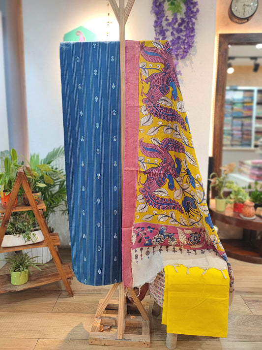 Indigo Blue Handloom Cotton Suit with Mustard Kalamkari Dupatta & Yellow Pant
