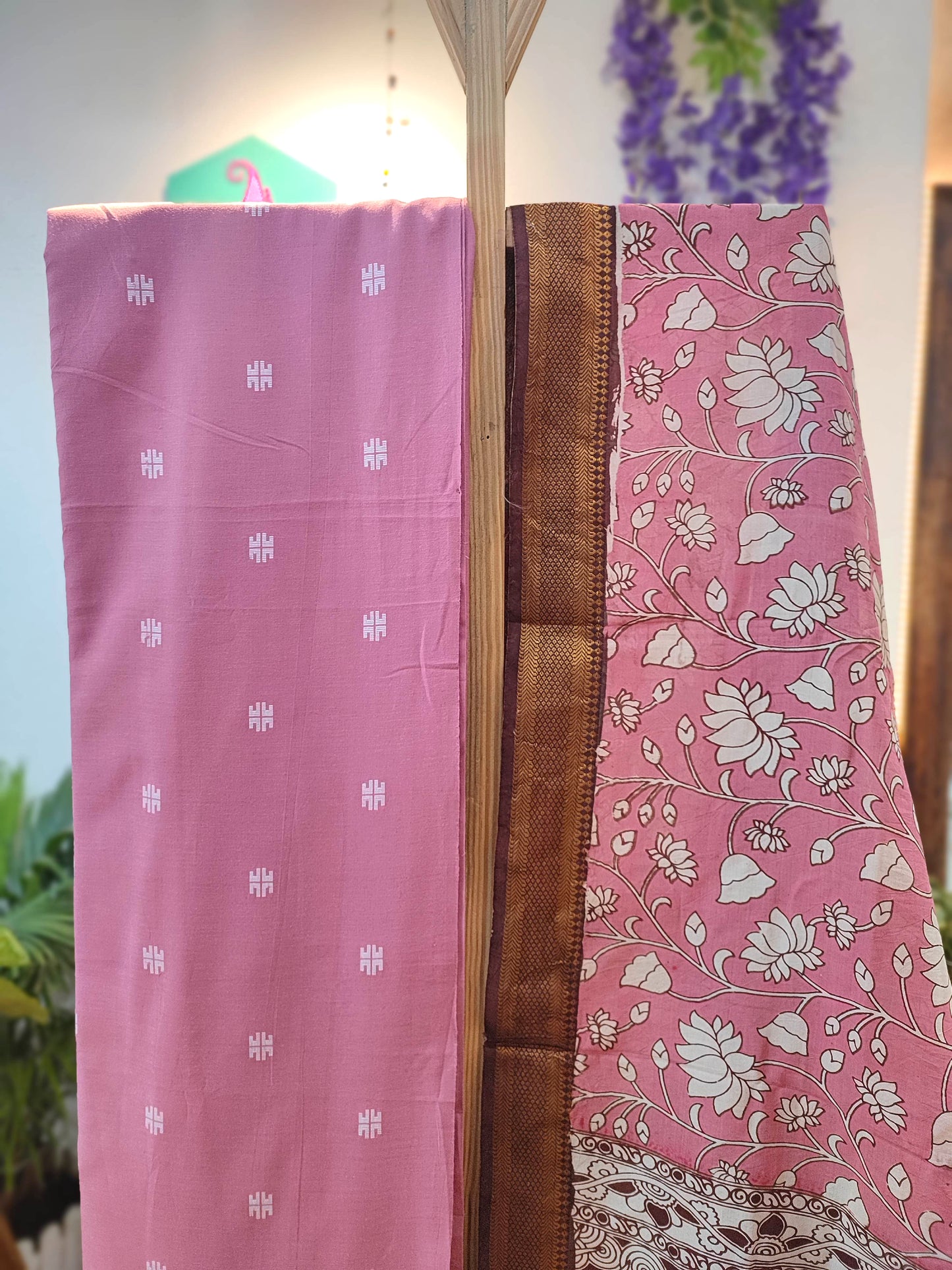 Pink Handloom Cotton Suit with Kalamkari Elephant Motif Dupatta & Off-White Pant