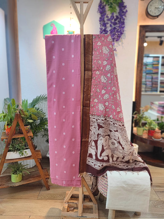 Pink Handloom Cotton Suit with Kalamkari Elephant Motif Dupatta & Off-White Pant