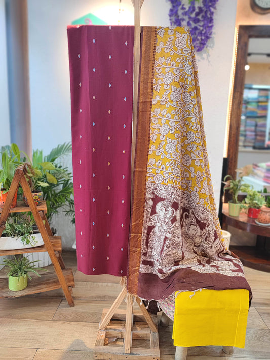 Maroon Handloom Cotton Suit with Mustard Kalamkari Dupatta & Yellow Pant