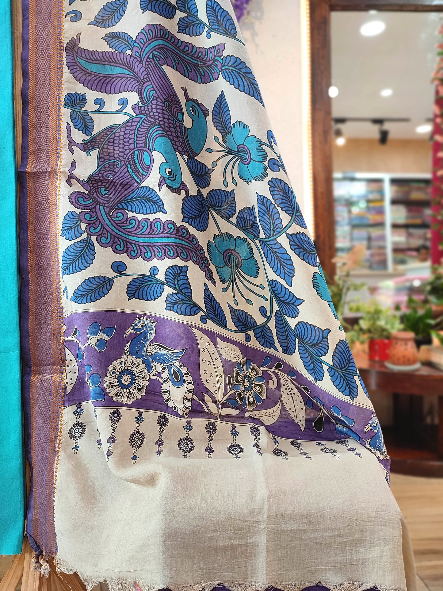 Turquoise Handloom Cotton Suit with Kalamkari Dupatta & Purple Bottom