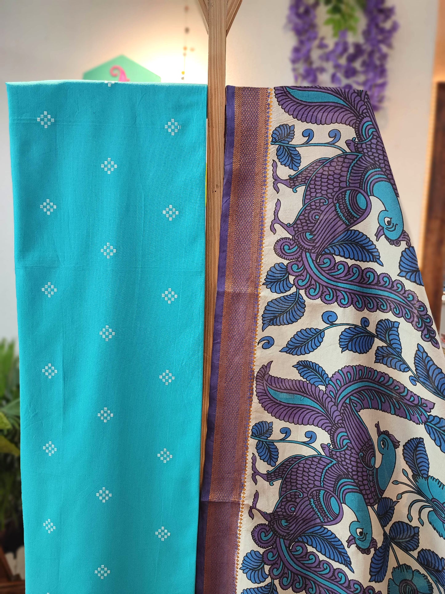 Turquoise Handloom Cotton Suit with Kalamkari Dupatta & Purple Bottom