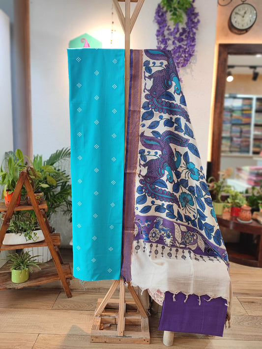 Turquoise Handloom Cotton Suit with Kalamkari Dupatta & Purple Bottom