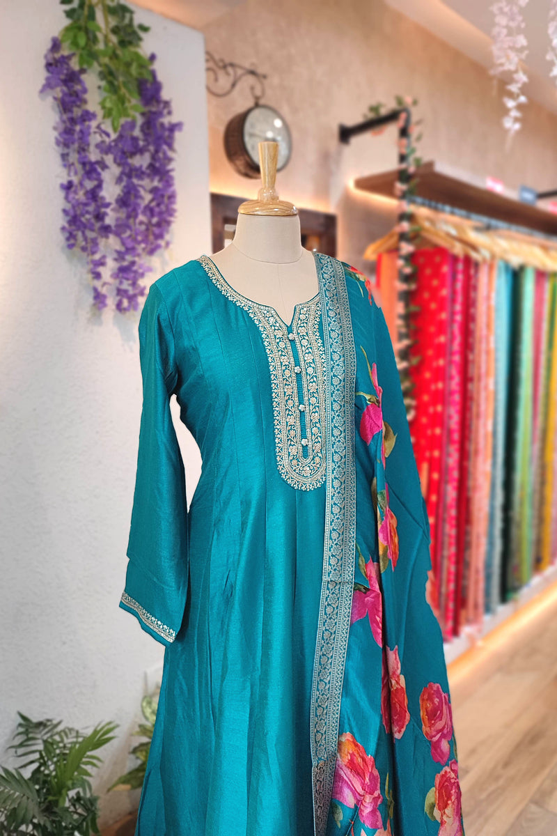 Elegant Teal Crepe Silk Anarkali Suit with Floral Dupatta & Intricate Embroidery
