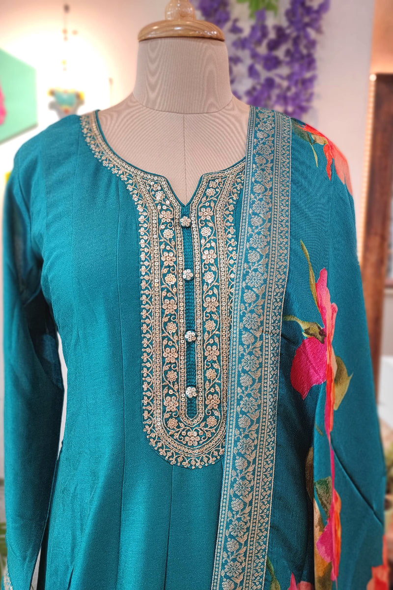 Elegant Teal Crepe Silk Anarkali Suit with Floral Dupatta & Intricate Embroidery