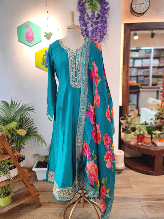 Elegant Teal Crepe Silk Anarkali Suit with Floral Dupatta & Intricate Embroidery