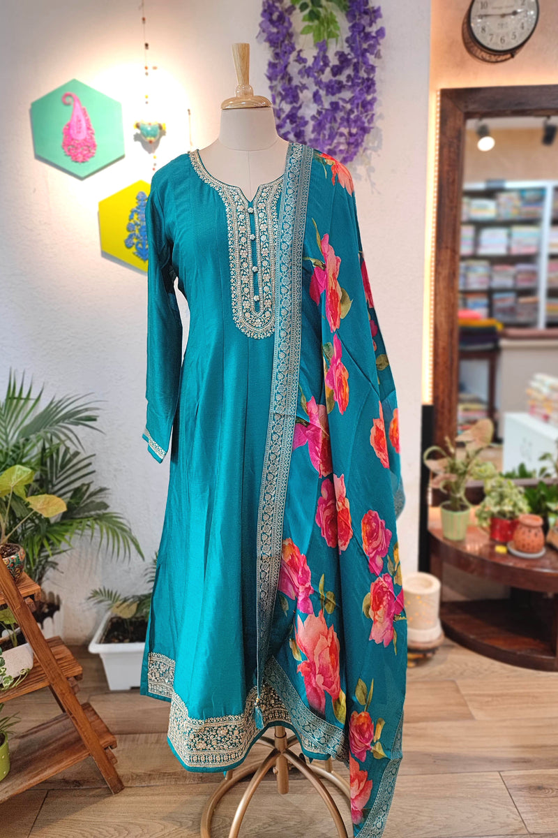 Elegant Teal Crepe Silk Anarkali Suit with Floral Dupatta & Intricate Embroidery