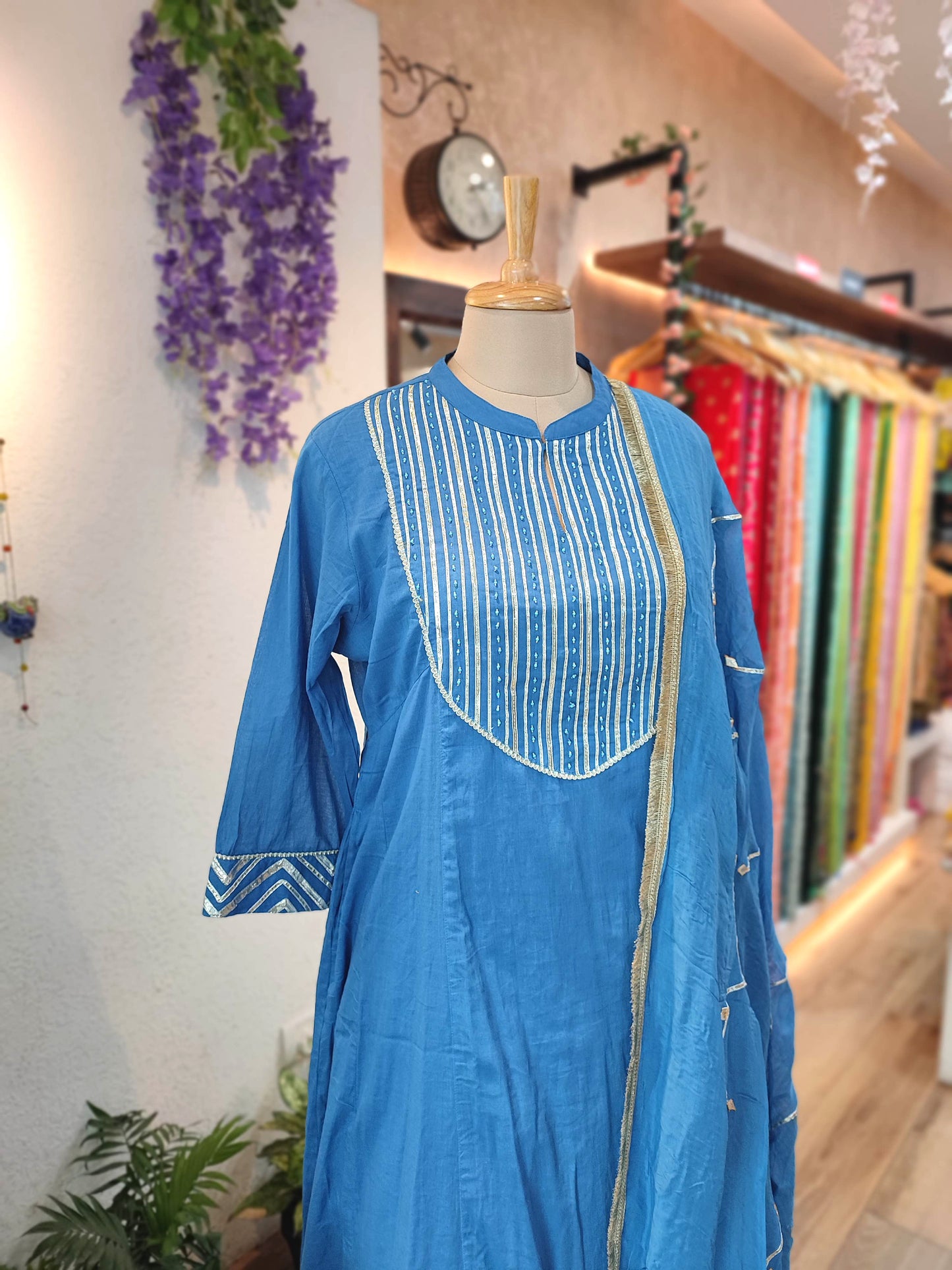 Blue Cotton Suit Set Gota Patti Detailing with Cotton pant & Handcrafted Dupatta
