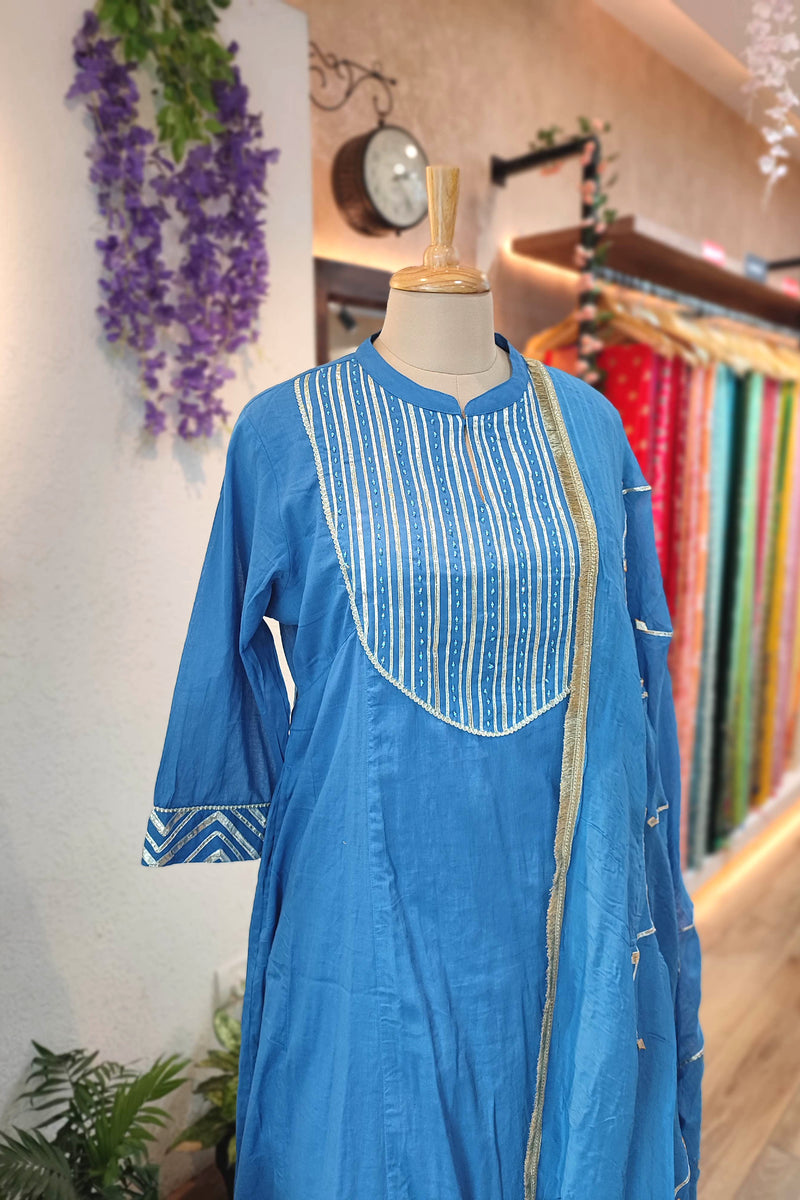 Blue Cotton Suit Set Gota Patti Detailing with Cotton pant & Handcrafted Dupatta