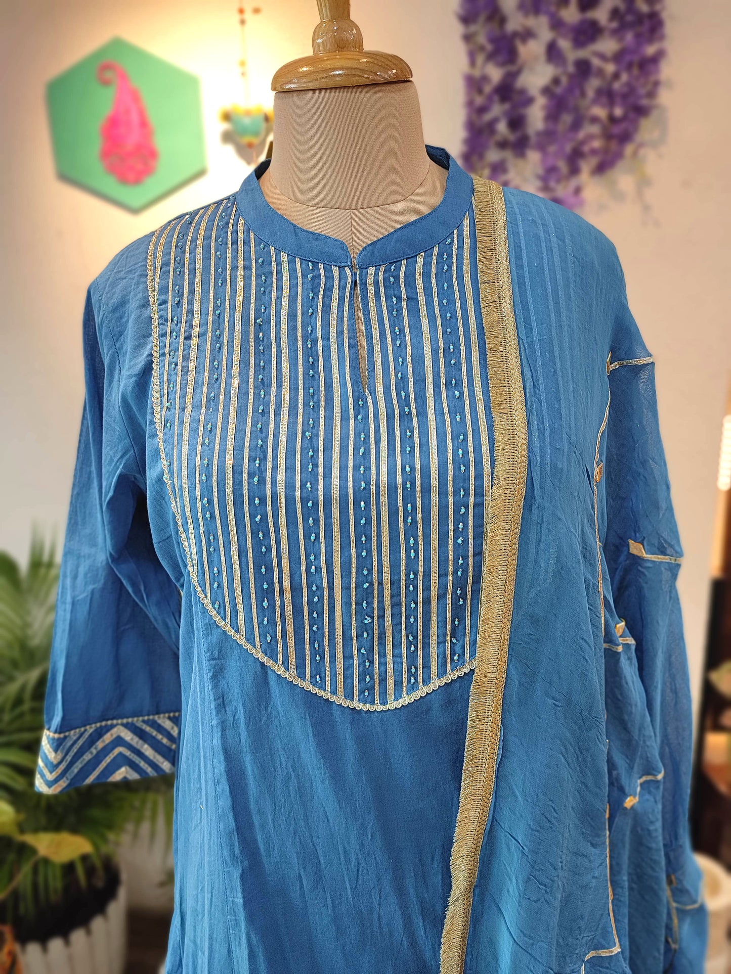 Blue Cotton Suit Set Gota Patti Detailing with Cotton pant & Handcrafted Dupatta