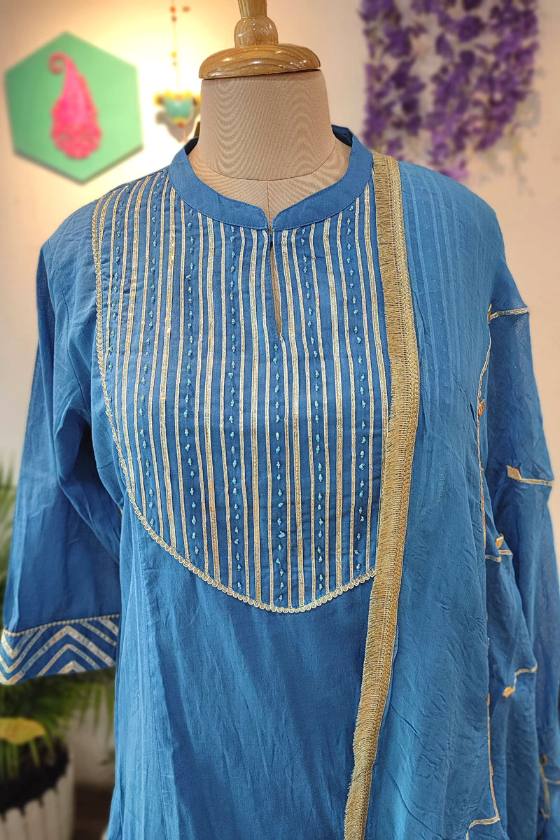 Blue Cotton Suit Set Gota Patti Detailing with Cotton pant & Handcrafted Dupatta