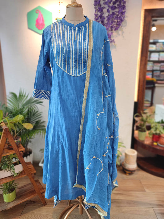 Blue Cotton Suit Set Gota Patti Detailing with Cotton pant & Handcrafted Dupatta