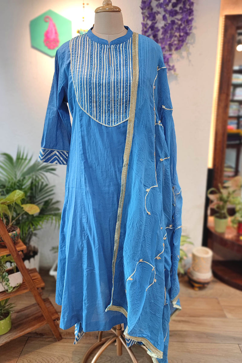 Blue Cotton Suit Set Gota Patti Detailing with Cotton pant & Handcrafted Dupatta