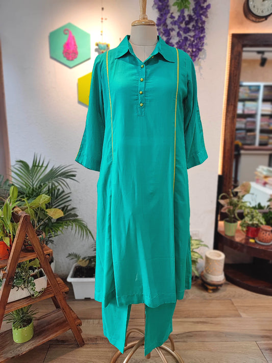 Turquoise Green Modal Linen Kurta Set with Yellow Piping