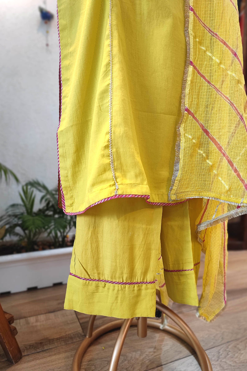 Sunshine Yellow Cotton Suit Set with cotton pant and Striped kota Dupatta