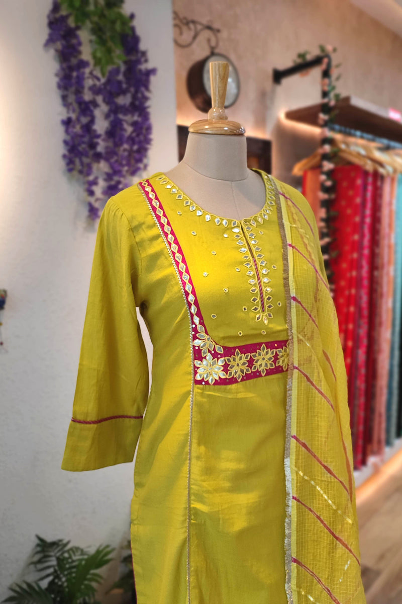 Sunshine Yellow Cotton Suit Set with cotton pant and Striped kota Dupatta