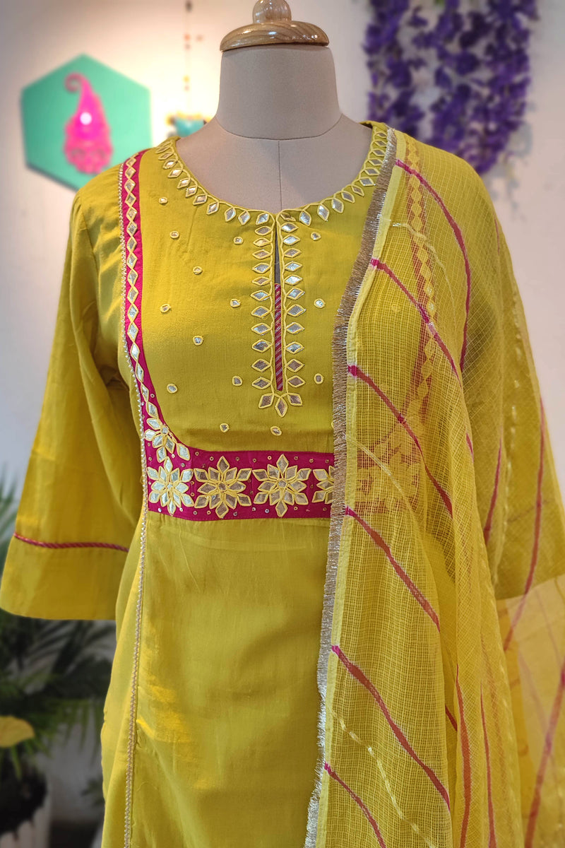 Sunshine Yellow Cotton Suit Set with cotton pant and Striped kota Dupatta