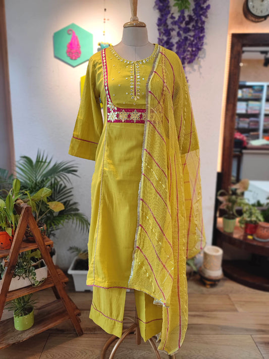 Sunshine Yellow Cotton Suit Set with cotton pant and Striped kota Dupatta