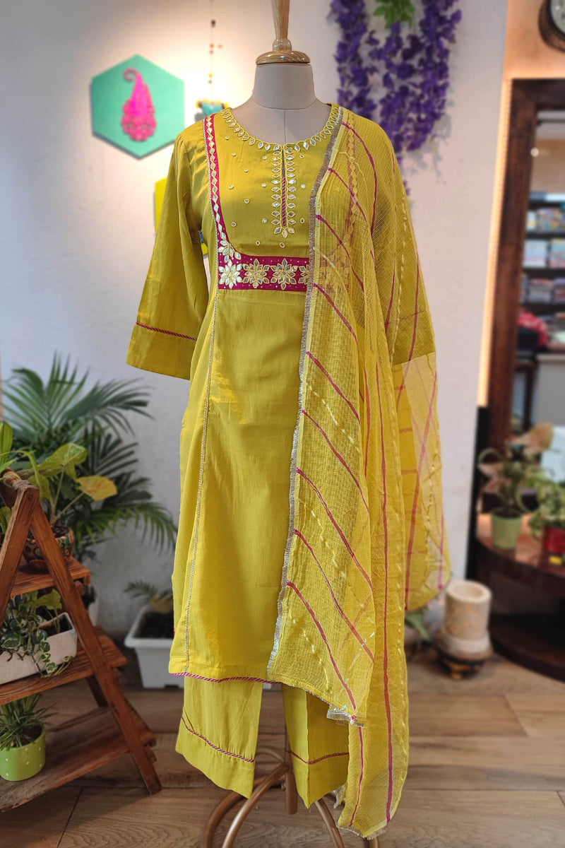 Sunshine Yellow Cotton Suit Set with cotton pant and Striped kota Dupatta
