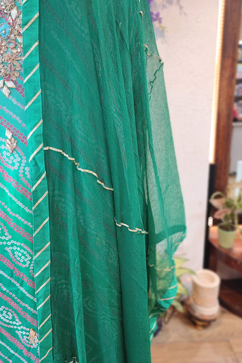 Green Bandhej Print Georgette Kurta Sharara Set with Embellished Dupatta
