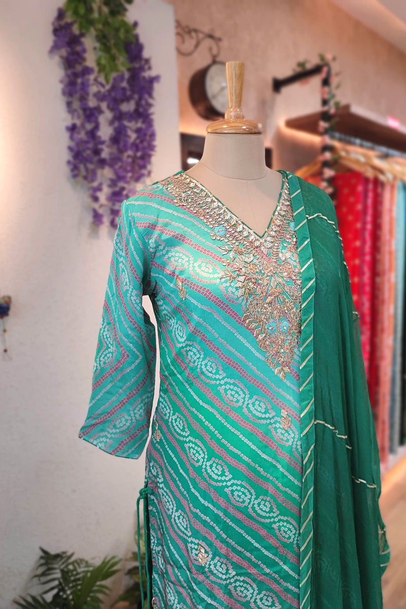 Green Bandhej Print Georgette Kurta Sharara Set with Embellished Dupatta
