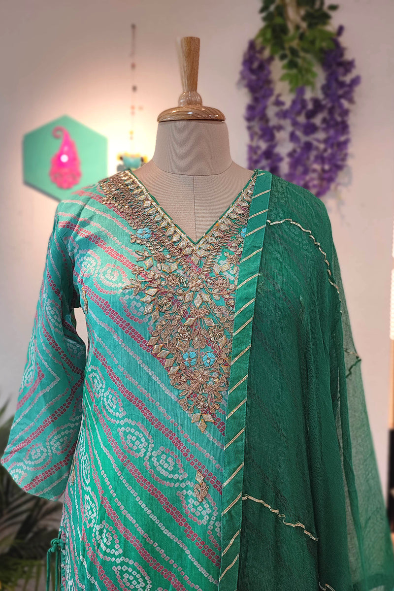 Green Bandhej Print Georgette Kurta Sharara Set with Embellished Dupatta