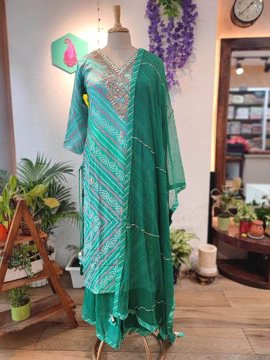 Green Bandhej Print Georgette Kurta Sharara Set with Embellished Dupatta