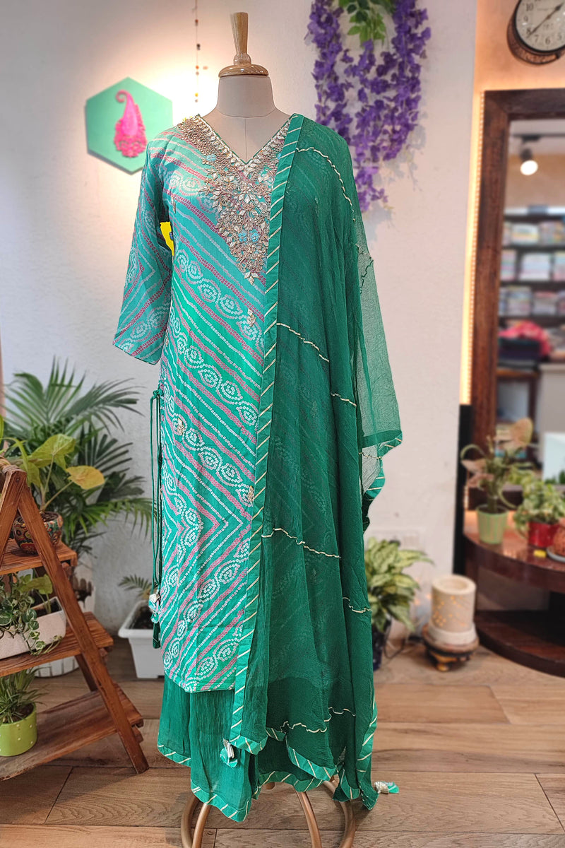 Green Bandhej Print Georgette Kurta Sharara Set with Embellished Dupatta
