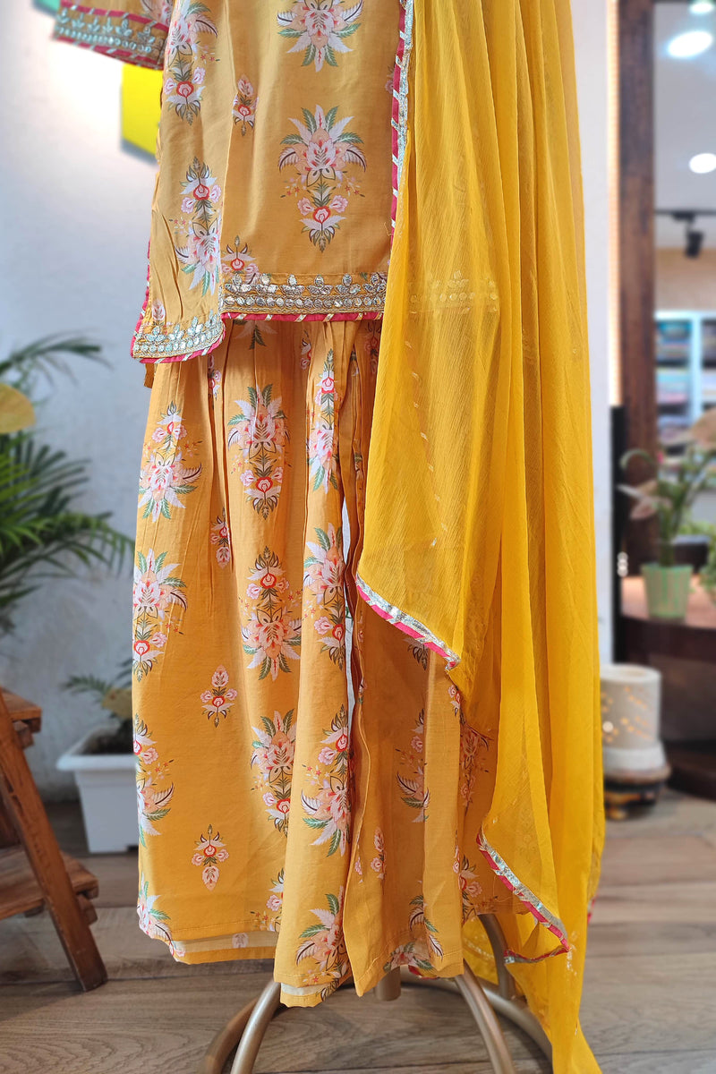 Mustard Yellow Muslin Silk Kurta Sharara Set with Gota Patti Dupatta