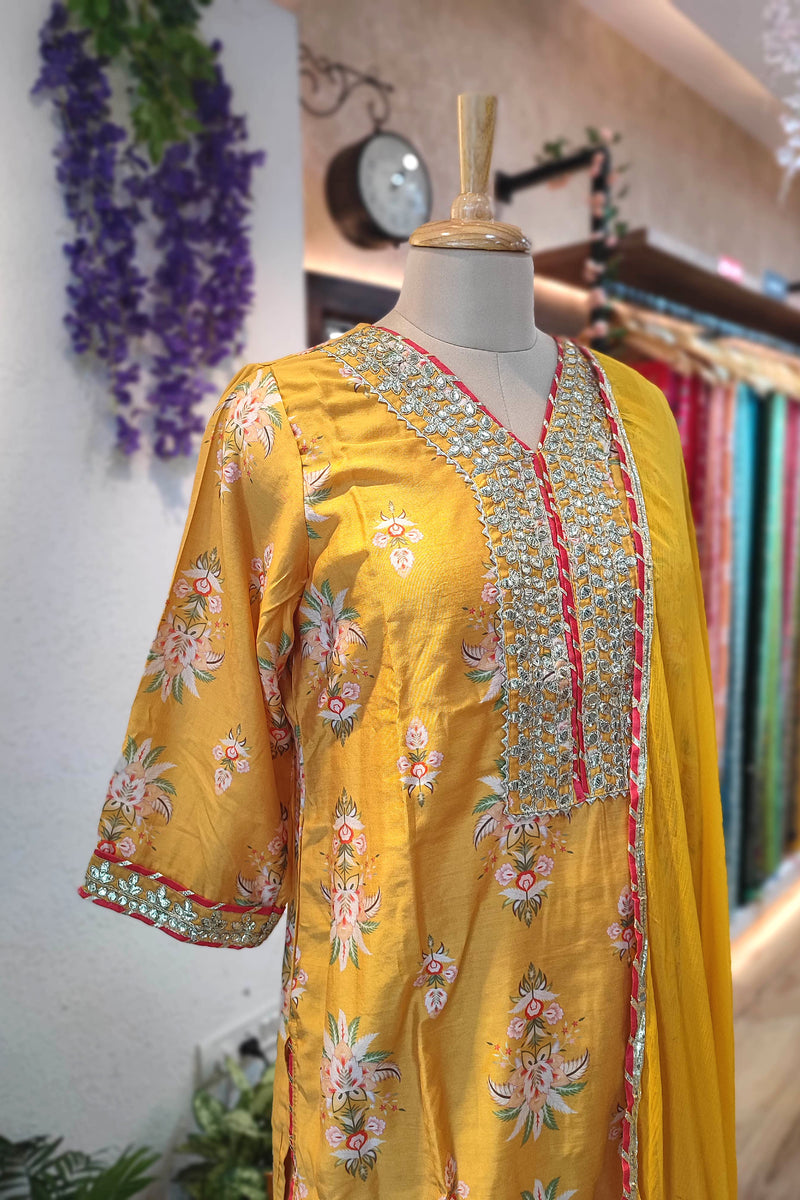 Mustard Yellow Muslin Silk Kurta Sharara Set with Gota Patti Dupatta