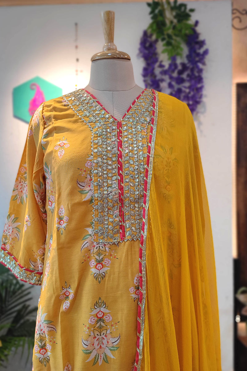 Mustard Yellow Muslin Silk Kurta Sharara Set with Gota Patti Dupatta