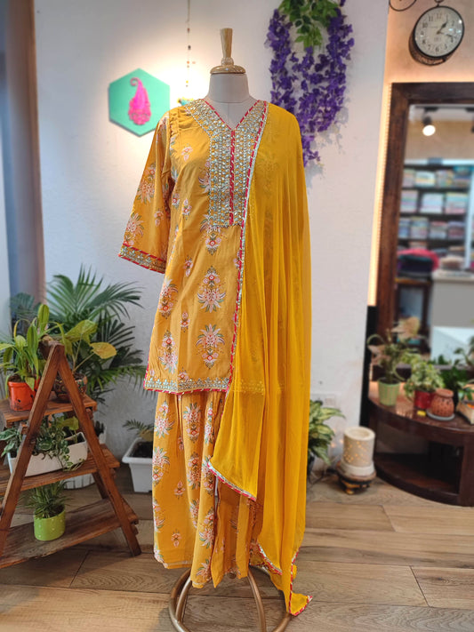 Mustard Yellow Muslin Silk Kurta Sharara Set with Gota Patti Dupatta