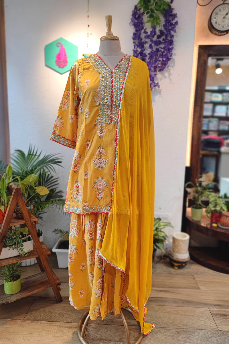 Mustard Yellow Muslin Silk Kurta Sharara Set with Gota Patti Dupatta