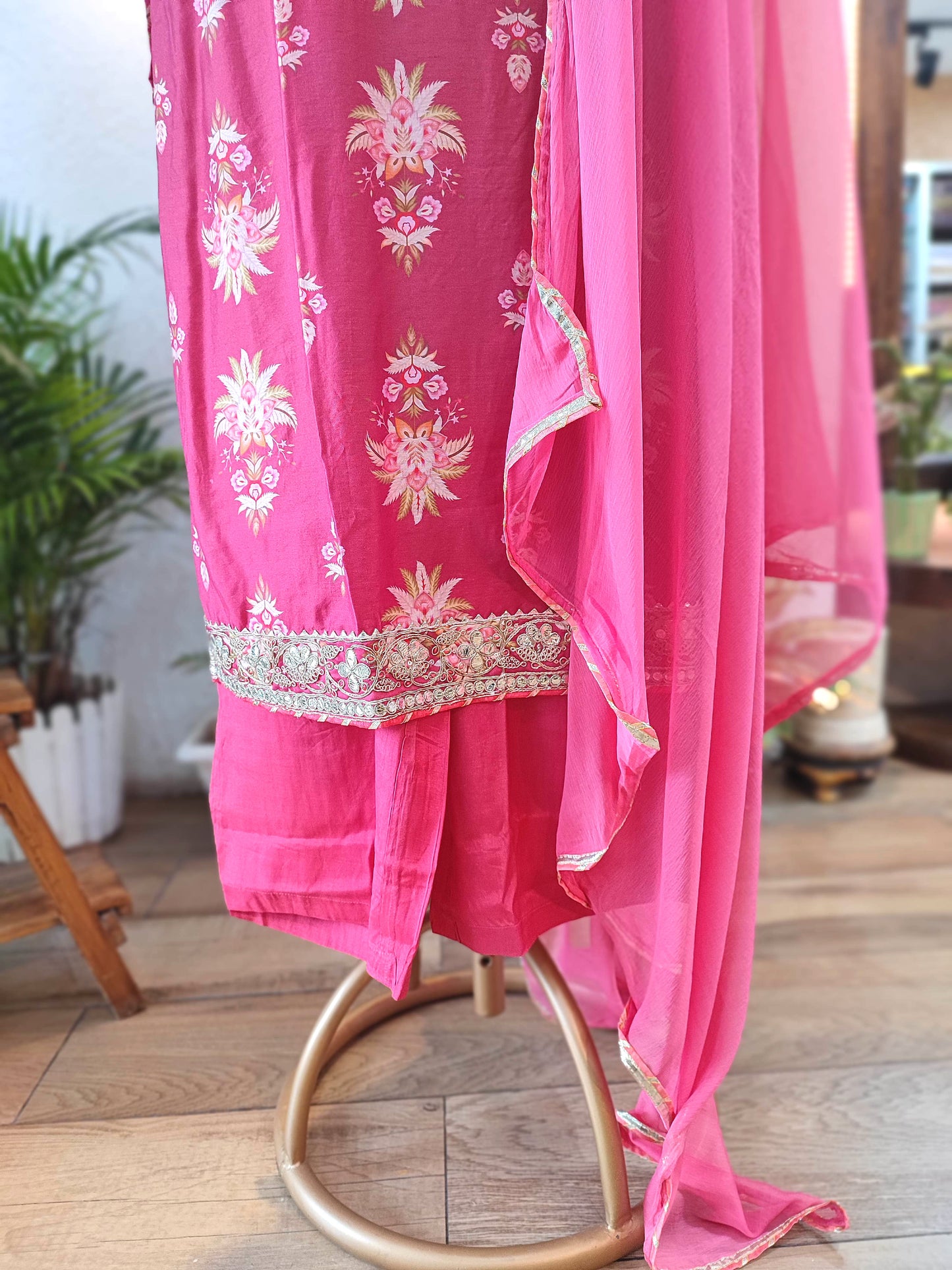 Rose Pink Muslin Silk Suit Set with Floral Embroidery, Dupatta & Pants