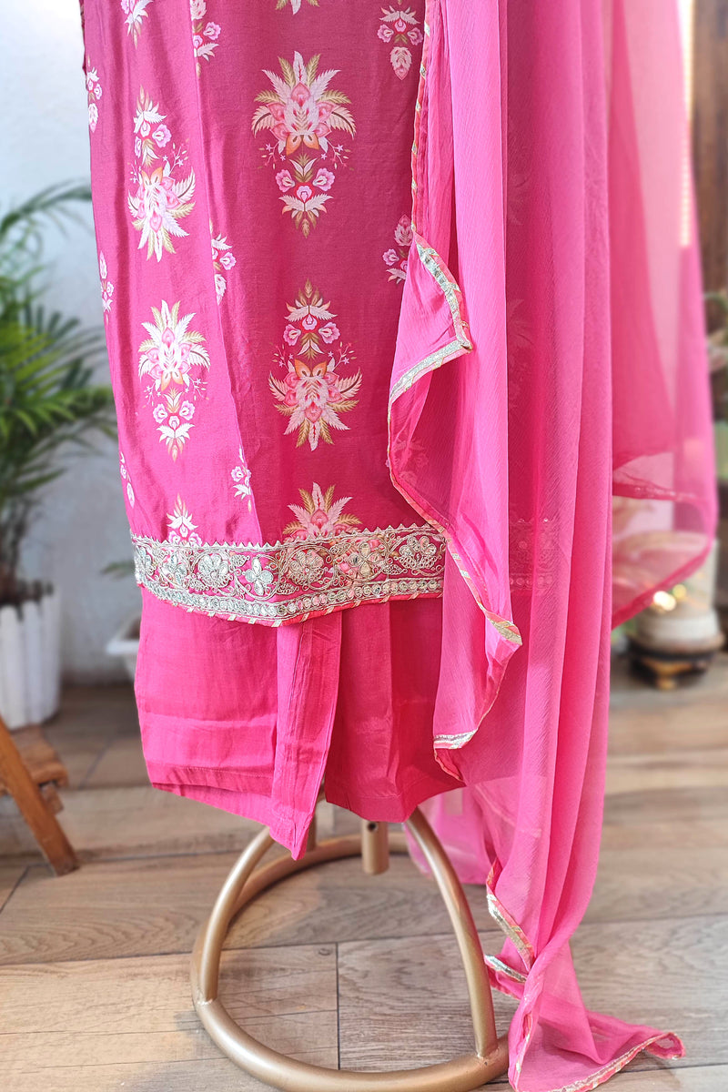 Rose Pink Muslin Silk Suit Set with Floral Embroidery, Dupatta & Pants