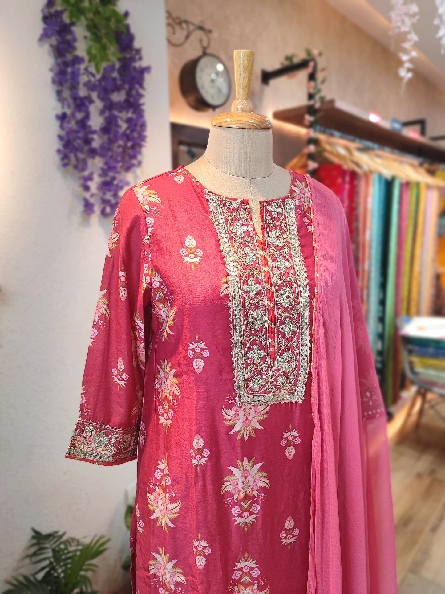 Rose Pink Muslin Silk Suit Set with Floral Embroidery, Dupatta & Pants