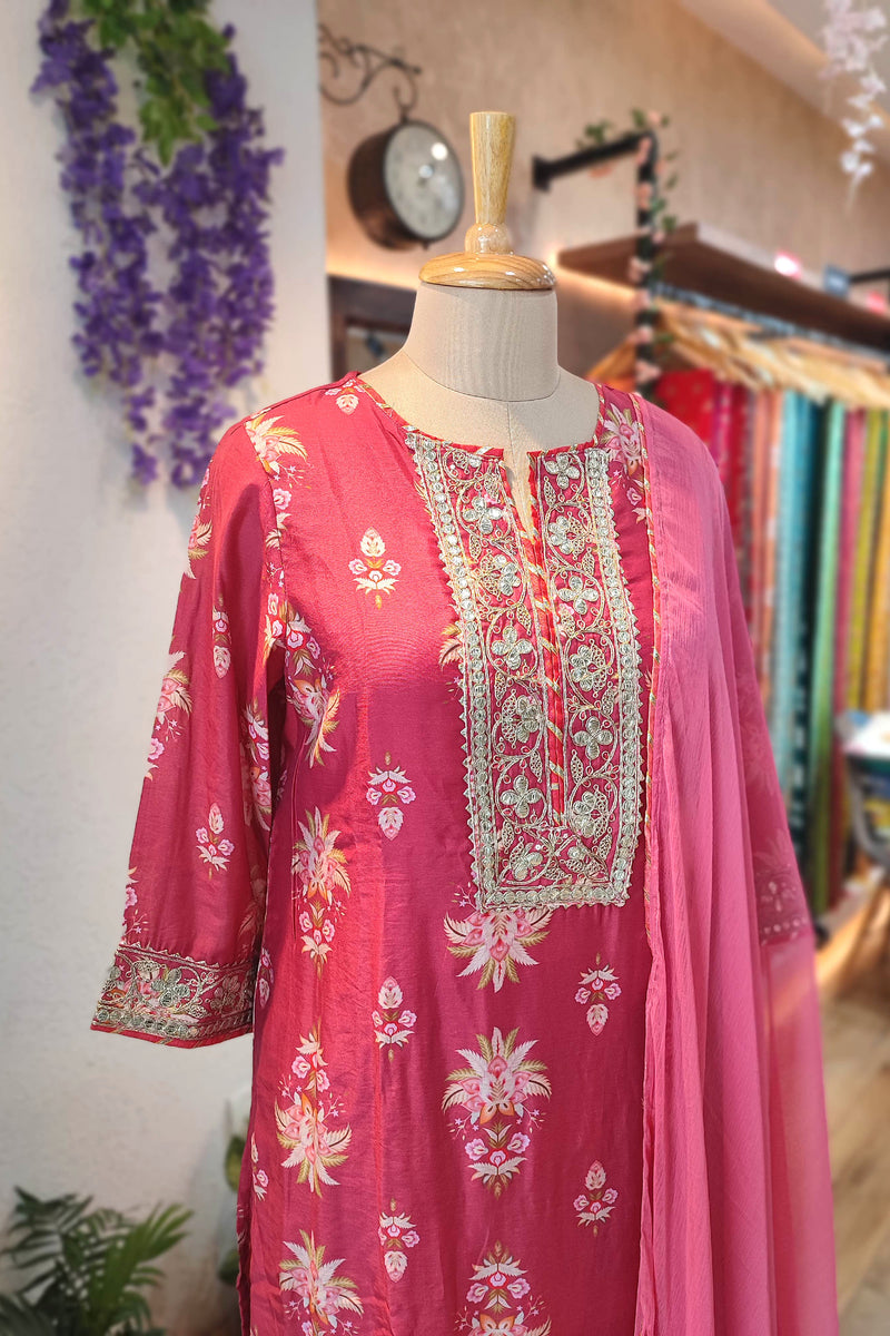 Rose Pink Muslin Silk Suit Set with Floral Embroidery, Dupatta & Pants