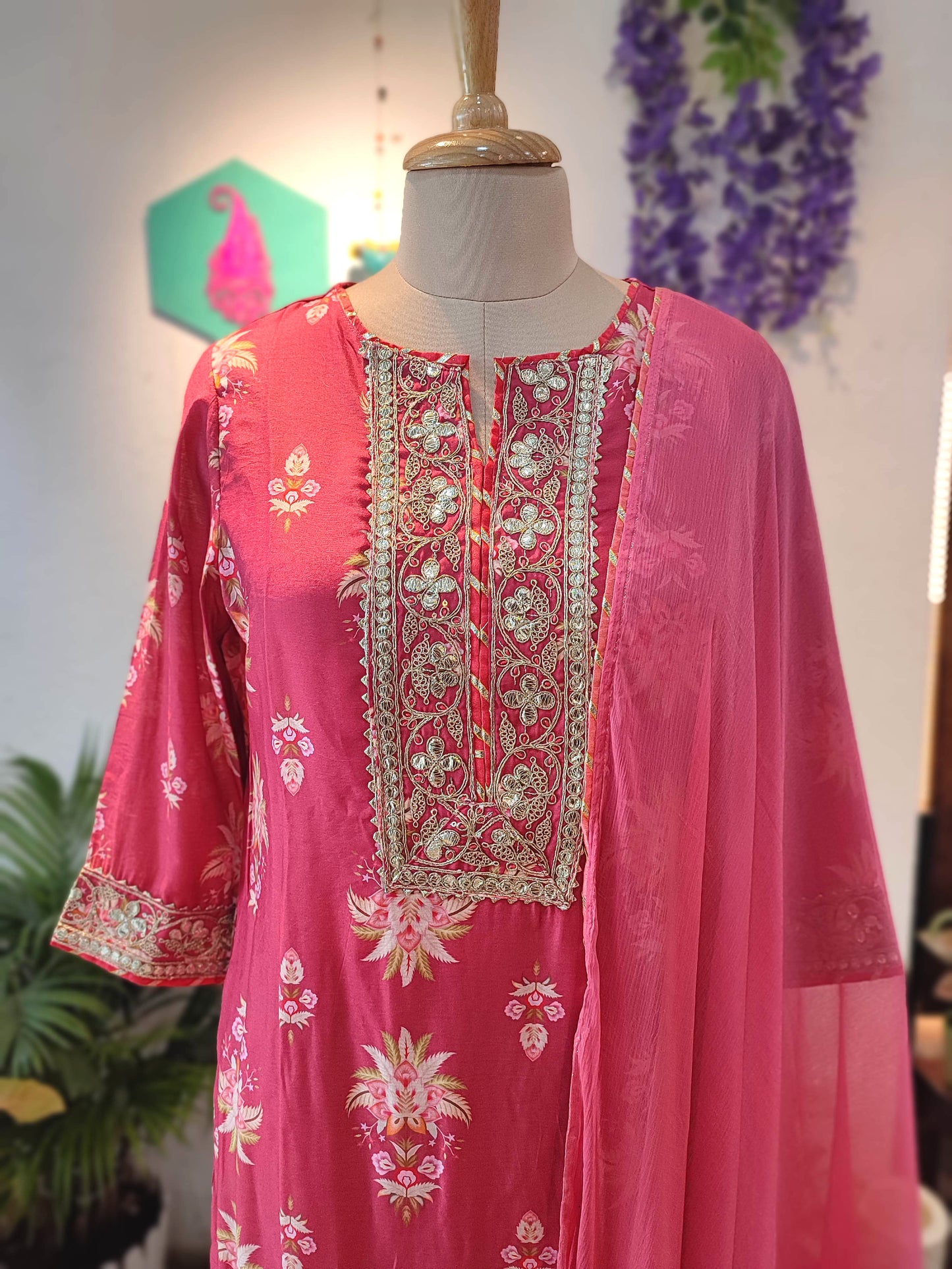 Rose Pink Muslin Silk Suit Set with Floral Embroidery, Dupatta & Pants