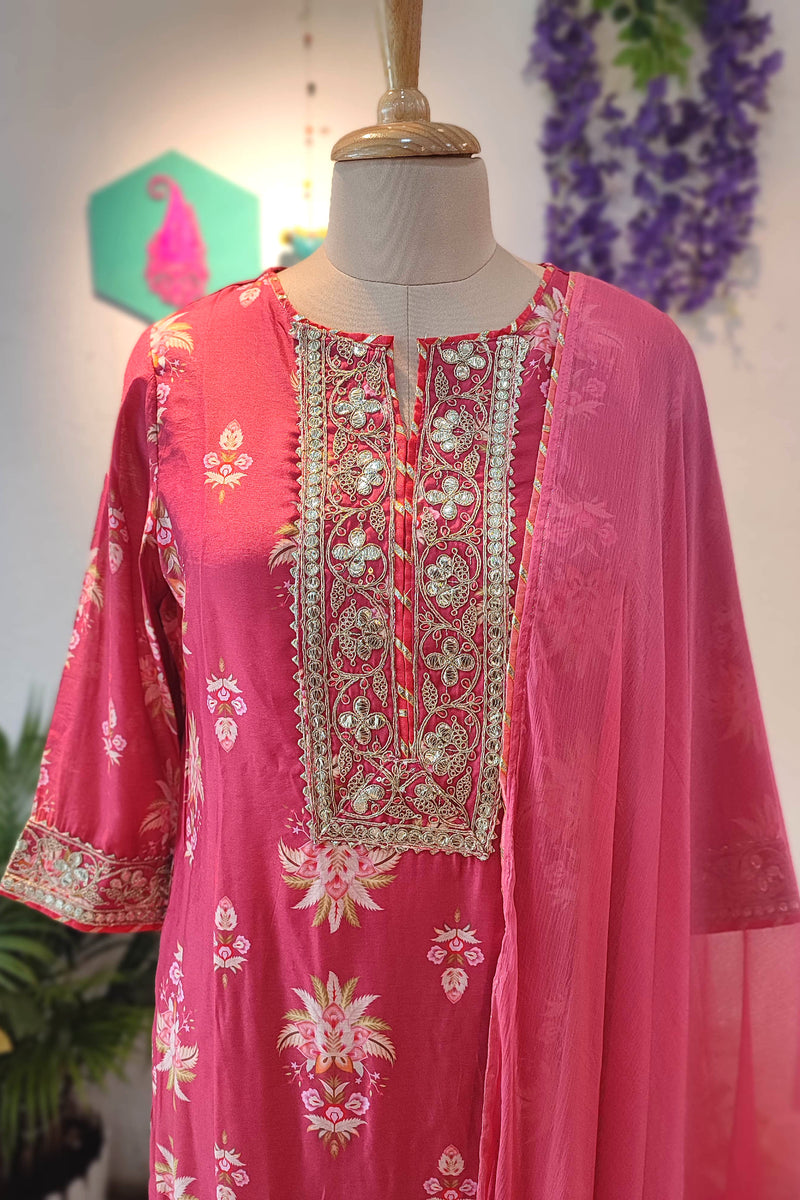 Rose Pink Muslin Silk Suit Set with Floral Embroidery, Dupatta & Pants