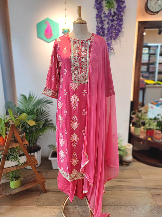 Rose Pink Muslin Silk Suit Set with Floral Embroidery, Dupatta & Pants