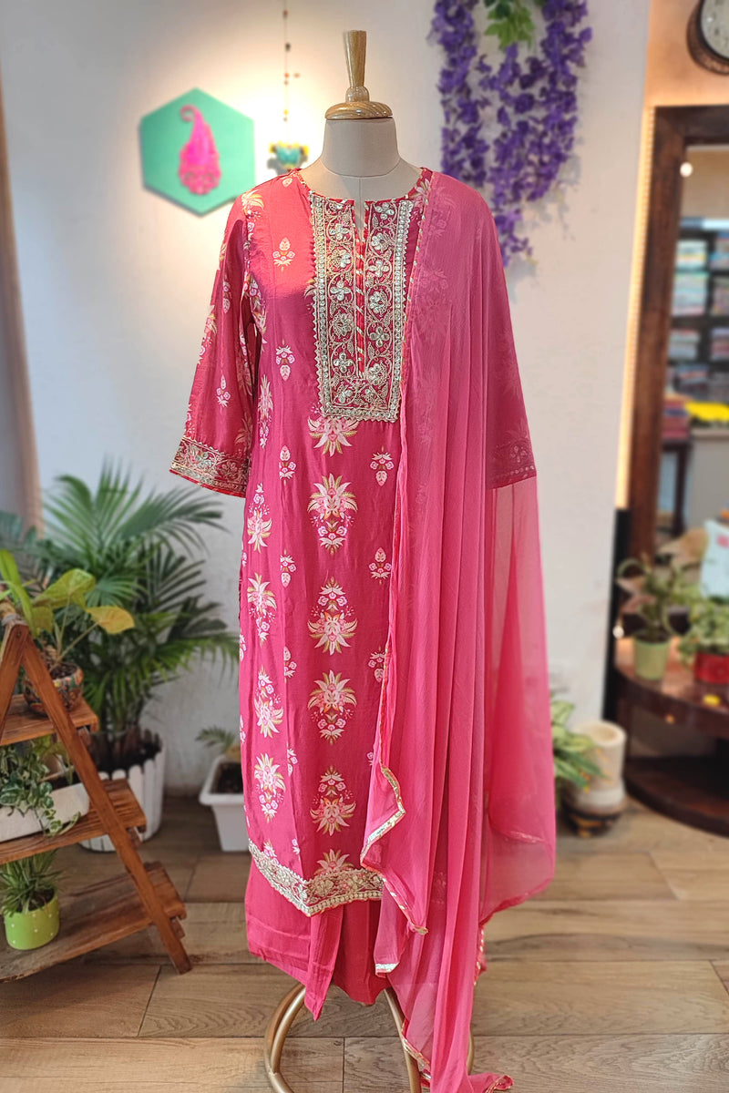 Rose Pink Muslin Silk Suit Set with Floral Embroidery, Dupatta & Pants
