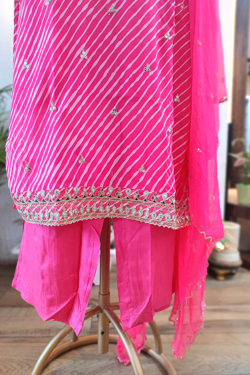 Hot Pink Georgette Gota Patti Suit Set with Dupatta & Pants